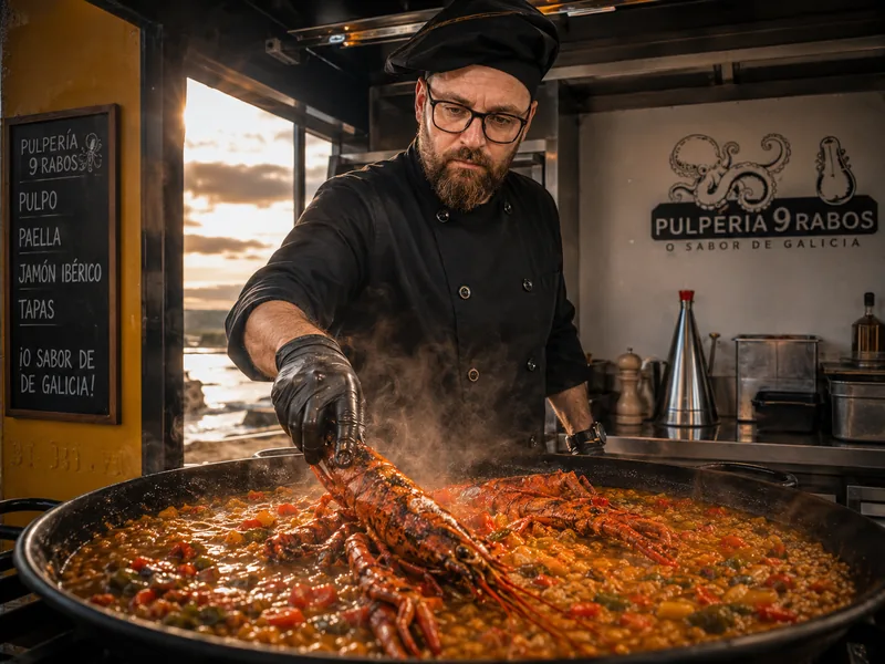 La paella con camarón terminándose en el fuego