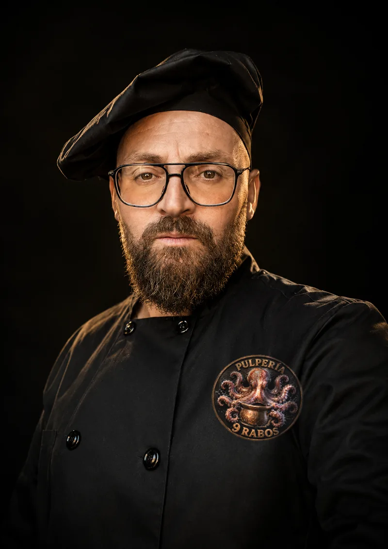 Retrato de Iñaki con el medallón de Pulpería 9 Rabos bordado en la chaquetilla