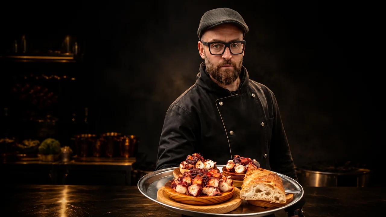 Iñaki sirviendo una bandeja de pulpo con pan en el mostrador del truck