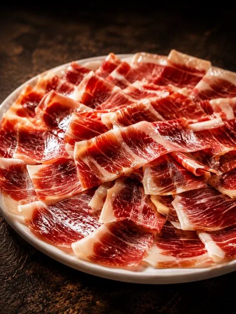 Plato blanco de jamón ibérico cortado a cuchillo