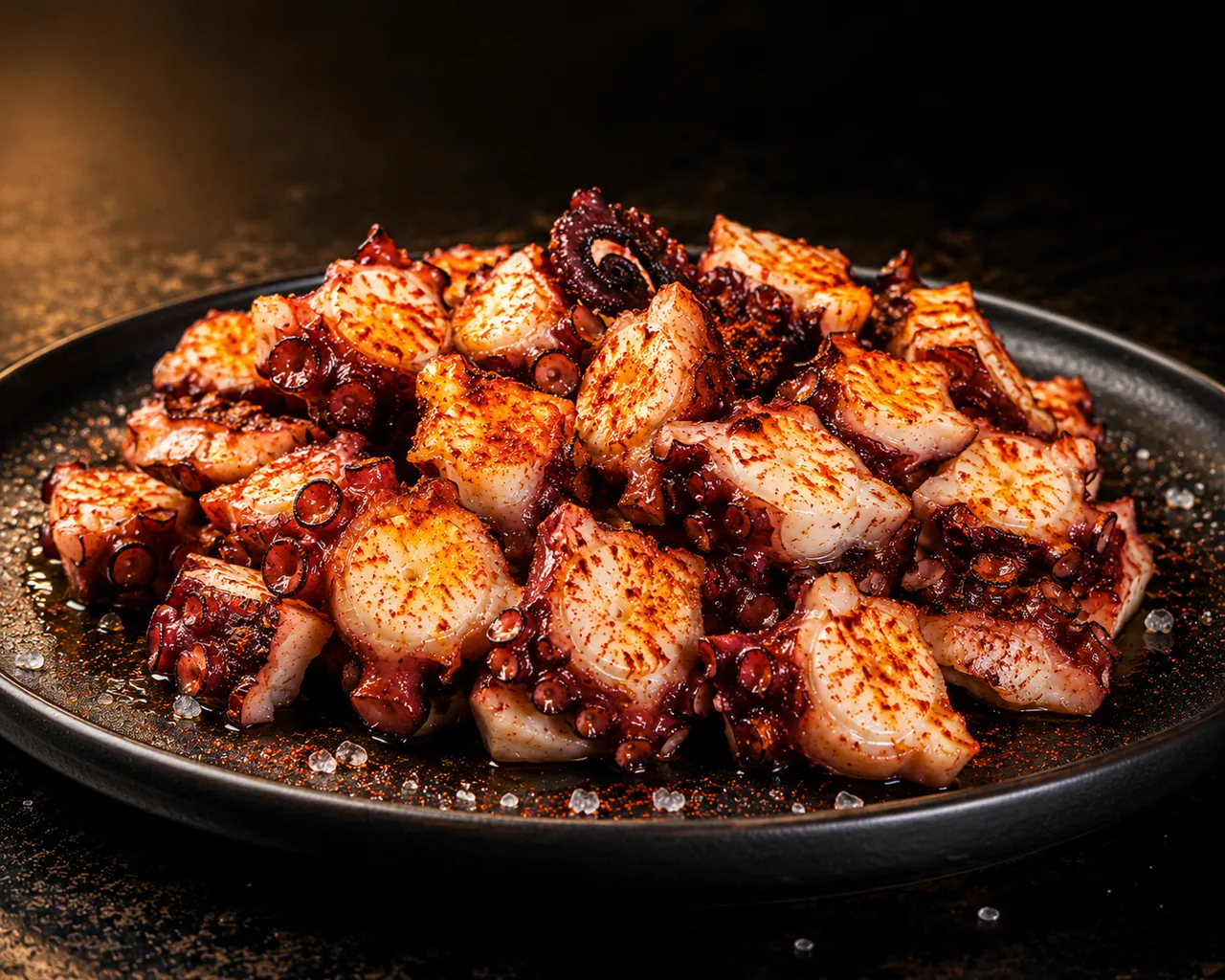 Ración de pulpo á feira con pimentón y sal gorda en plato negro
